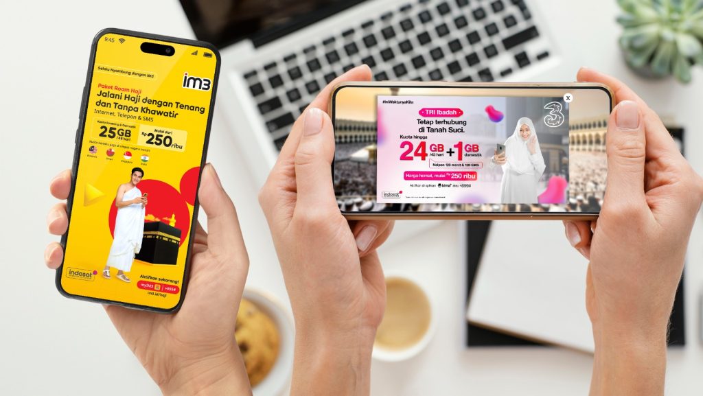 PAKET HAJI INDOSAT: Indosat Ooredoo Hutchison (IOH) menghadirkan paket telekomunikasi khusus ibadah haji dan umrah, melalui brand IM3 dan Tri. Paket “Roam Haji” dari IM3 dan “Tri IBADAH” dari Tri, sebagai upaya Indosat dalam memberikan pengalaman yang mengesankan (marvelous experience) kepada para pelanggan yang melakukan ibadah haji dan umrah.(Ist)